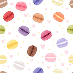Macarons tasty cake set different colors macaroon s with fruit vector illustration seamless pattern background