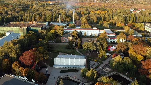 Aerial view on Mirgorod city, Ukraine. Old video style, low light evening sunset autumn footage