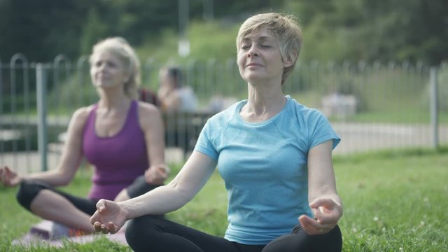 Happy mature female friends doing yoga and meditating in the park