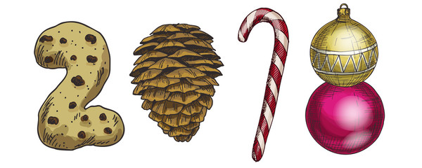 Fototapeta premium New Year 2018 . Winter card with candies, cone, biscuits and a Christmas tree toy. Vector image for new years day, christmas, sweet-stuff, winter holiday, new years eve