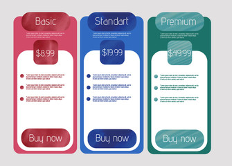 Web pricing table design for business .Vector illustration.