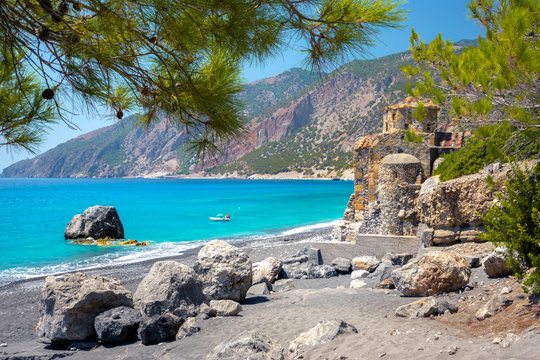 Agios Pavlos beach with Saint Paul church, a very old Byzantine church that was built at the place Selouda, an incredible beach at Opiso Egiali area, Chania, Crete, Greece.