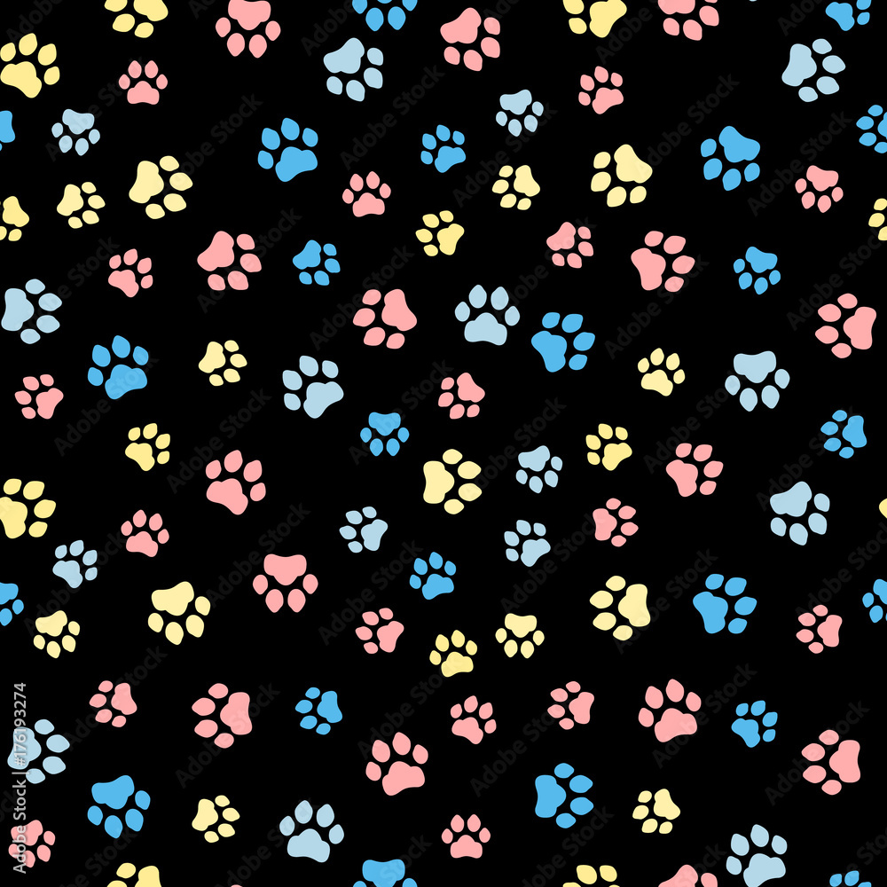 Poster paw print seamless. traces of cat textile pattern. cat footprint seamless pattern. vector seamless