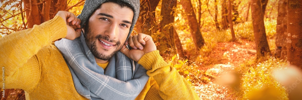 Poster composite image of smiling man posing against black background