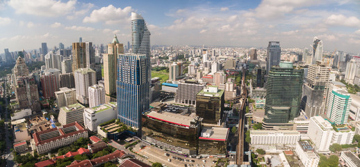 Aerial Panorama Of Skyscrapers In Central Shopping District, Bangkok, Thailand