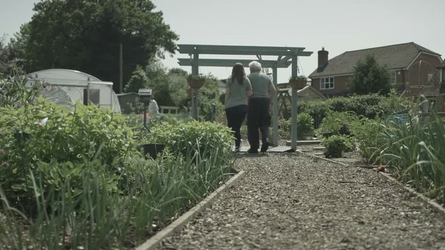  Volunteers of mixed ages working & spending time in community garden