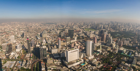 Wide Aerial Panoramic Shot And Blue Sky Over Central Bangkok, Thailand