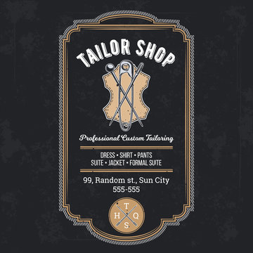 Tailor shop emblem or signage with logo and business information  vector illustration in retro style. Custom, individual sewing handiwork small business brand sticker, label or badge design template