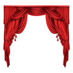 Heavy red curtains or drapes in victorian style gathered with tassels rope realistic isolated vector illustration. Window dressing, theater stage, retro frame with copyspace for product premiere ad - obrazy, fototapety, plakaty