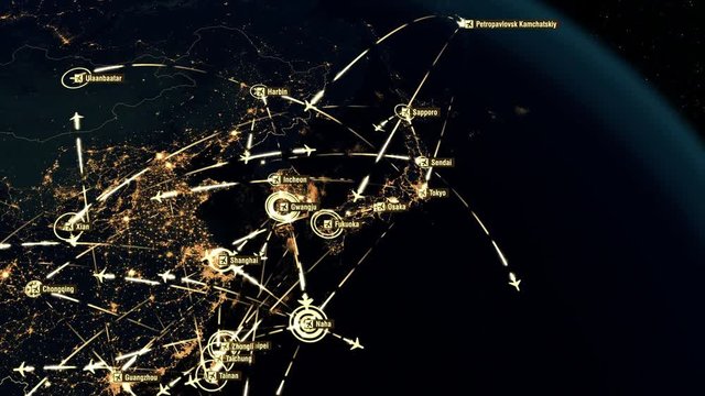 East Asian Flight Connections. The Camera moves from Japan to India through China, Philippines, Korea, Mongolia, Vietnam, Thailand, Cambodia, Laos, Bangladesh, Nepal.