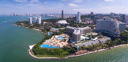 Obraz premium Tourist Resorts On North Cliff Beach, Pattaya, Thailand, Aerial Drone Panorama