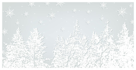 Snowing forest background. Christmas trees and snowflakes on blue background. Vector Christmas and New Year postcard template.