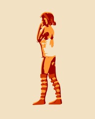 Posing business woman wearing the slip dress and striped stockings. Abstract silhouette