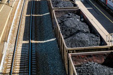 Charcoal carriage
Horizontally.Vid from above. Black coal immersed in freight cars, located on the tracks.