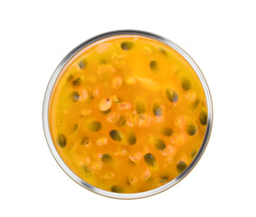 top view of passion fruit juice in the glass isolated on white background