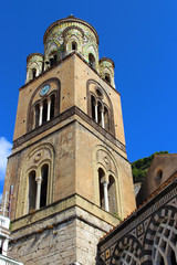 Fototapeta premium Front view of the Duomo di Amalfi, featuring Romanesque and Arab-Norman architectural elements in Amalfi, Italy.