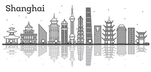 Outline Shanghai Skyline with Modern Buildings and Reflections.