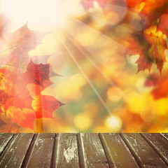 Naklejka na ściany i meble Abstract Autumn Background with Empty Wooden Board, Bokeh Glitter, Leaves and Sunlight