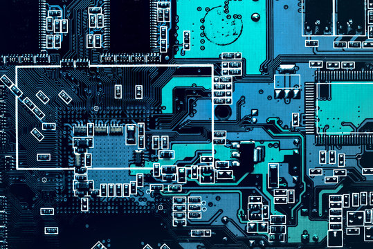 Dark background of the silhouette of the computer motherboard for the design of the company's IT site. Circuit board. Motherboard digital chip. Small frames with copy space.