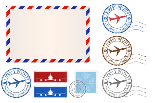 Set of postal elements - envelope, postmarks and stamps