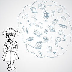 Child, girl, teen, teenager crying. Study, studying, learning problems. School objects in a cloud. Vector outlined illustration. White image, gray background.
