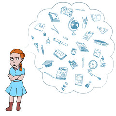 Child, girl, teen, teenager in bad mood. Study, studying, learning problems. School objects in a cloud. Vector outlined illustration. Colored image, white background.