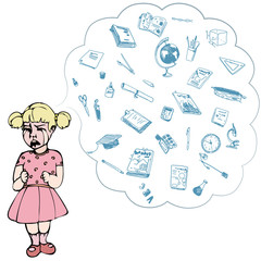 Child, girl, teen, teenager crying. Study, studying, learning problems. School objects in a cloud. Vector outlined illustration. Colored image, white background.