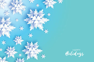 Origami Snowfall. Merry Christmas Greetings card. White Paper cut snow flake. Happy New Year. Winter snowflakes background. Space for text. Holidays. Blue background. Vector