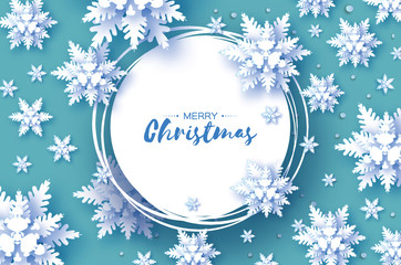 Origami Christmas Greetings card. Snowfall. Paper cut snow flake. Happy New Year. Winter snowflakes background. Circle frame. Space for text. White. Holidays. Vector