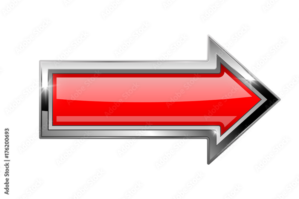 Sticker red arrow with bold chrome frame. 3d shiny icon