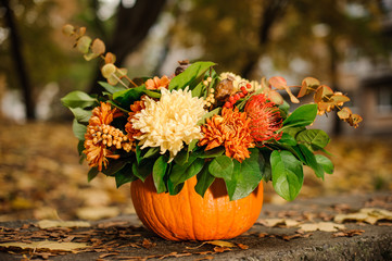 Obraz premium Pumpkin with a beautiful autumn flower composition