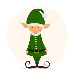 Cute christmas elf. Merry Christmas and Happy New Year design. Funny character design. Good for use on postcard, card, banner, advertisement, flyer, leaflet. Vector illustration.