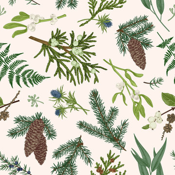 Christmas seamless botanical pattern.