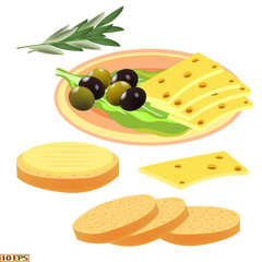 Big piece of cheese. Cheese, sliced for sandwiches on the plate. Baguette slices for sandwiches. Wheat French baguettes. A grilled cheese sandwich. Vector illustration for a recipe, menu, restaurant, 