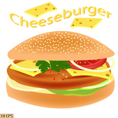 Cheeseburger isolated on white background. Burger. Sandwich. Cutlet in the bun. Fried steak. Sandwich with green vegetables, cheese, tomato and meat rissole. Vector illustration.