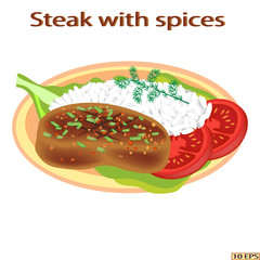 Grilled meat steak and white rice. Fried cutlet and garnish. Meat rissole, rice, green vegetables. Vector illustration.