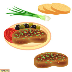 Burger. Fried cutlet. Roasted steak on white background. Meatball. Meat rissole and green vegetables. Vector illustration for a recipe, restaurant menu, kitchen interior