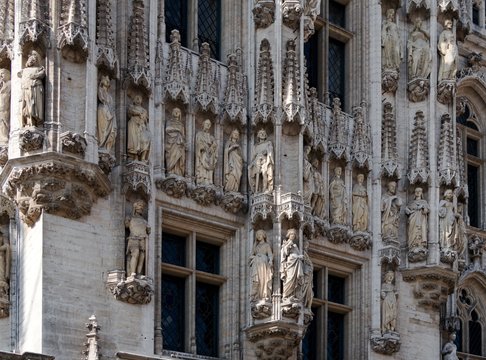 Statues on the facade of the Brussels Town Hall  in Belgium