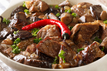 Stewed beef with wild mushrooms and chili macro. horizontal