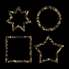 Set of Gold glitter vector frames, star dust in circle star and square shape. Abstract glittering border isolated on black background. Luxury design element for christmas, gift greeting card.
