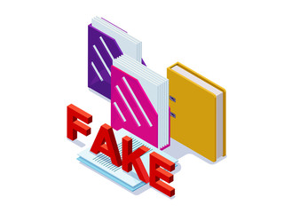 Fake documents concept with folders for papers, contract with false stamp  isometric 3d vector illustration of illegal activity or fraud - obrazy, fototapety, plakaty