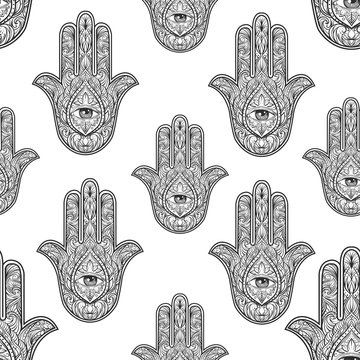 Hamsa hand seamless pattern, vector illustration. Hand drawn symbol of protection for adult anti stress coloring book, page in zentangle style. Blackwork yoga tattoo design