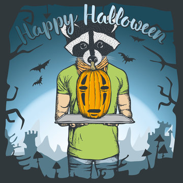 Vector illustration of Halloween raccoon concept