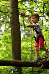 Happy boys playing at adventure park holding ropes and climbing wooden stairs