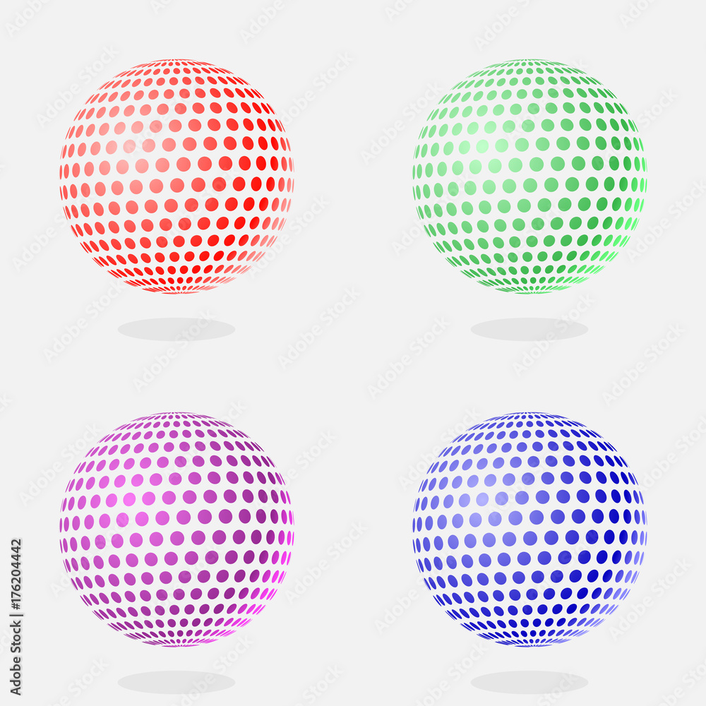 Aufkleber abstract globe dotted sphere, 3d halftone effect vector background. color set of vector illustration