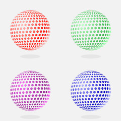 Abstract globe dotted sphere, 3d halftone effect vector background. Color set of vector illustration.