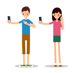 Fototapeta premium Boy and girl with mobile phone. Man and woman do selfie