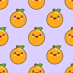 Oranges, seamless pattern with cute fruit kawaii characters on purple background. Flat design Vector Illustration Eps10