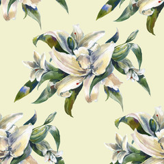 Watercolor painting of leaf and flowers, seamless pattern on Cream Beige  background