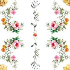 Poster Watercolor painting of leaf and flowers, seamless pattern on white background © photoiget